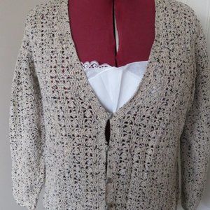 Sigrid OLSEN Hand CROCHET Cardigan Oatmeal Open Weave Medium Vintage (K69)